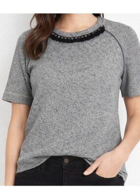 Ann Taylor Top M Gray Embellished Terry Short Sleeve Crew Neck